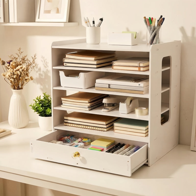 White Card File Storage Box And – Adjustable Dividers And Stackable Trays. Essential File Organizer for Office And Home, Doubles As Desktop Mail Sorter. Ideal for Use in Offices, Home Study, And Dormitories