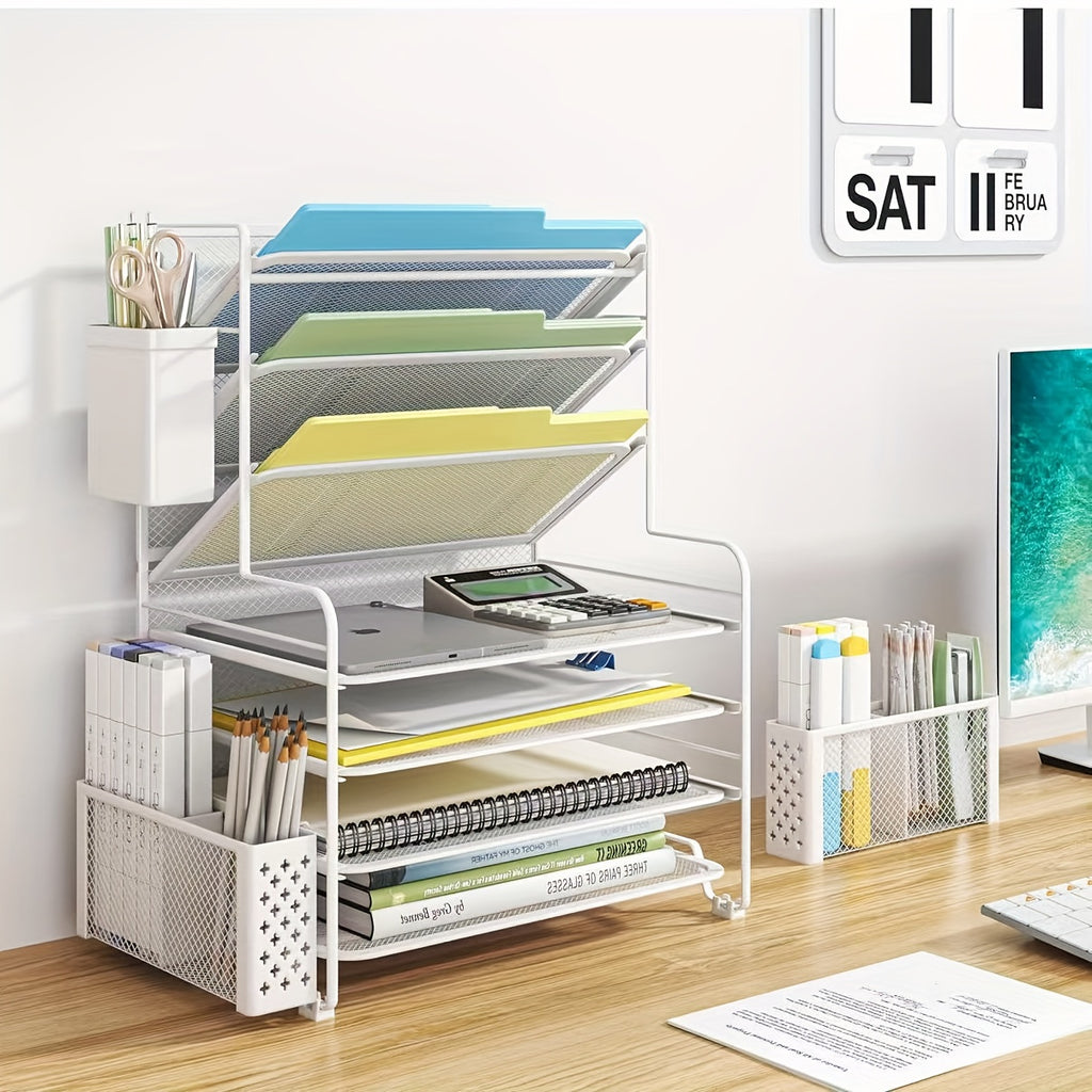 7-Tier Desk File Organizer, HOMEBETTER Document Rack, Letter Tray Paper Organizer with Pen Holder And Metal Hanging Basket