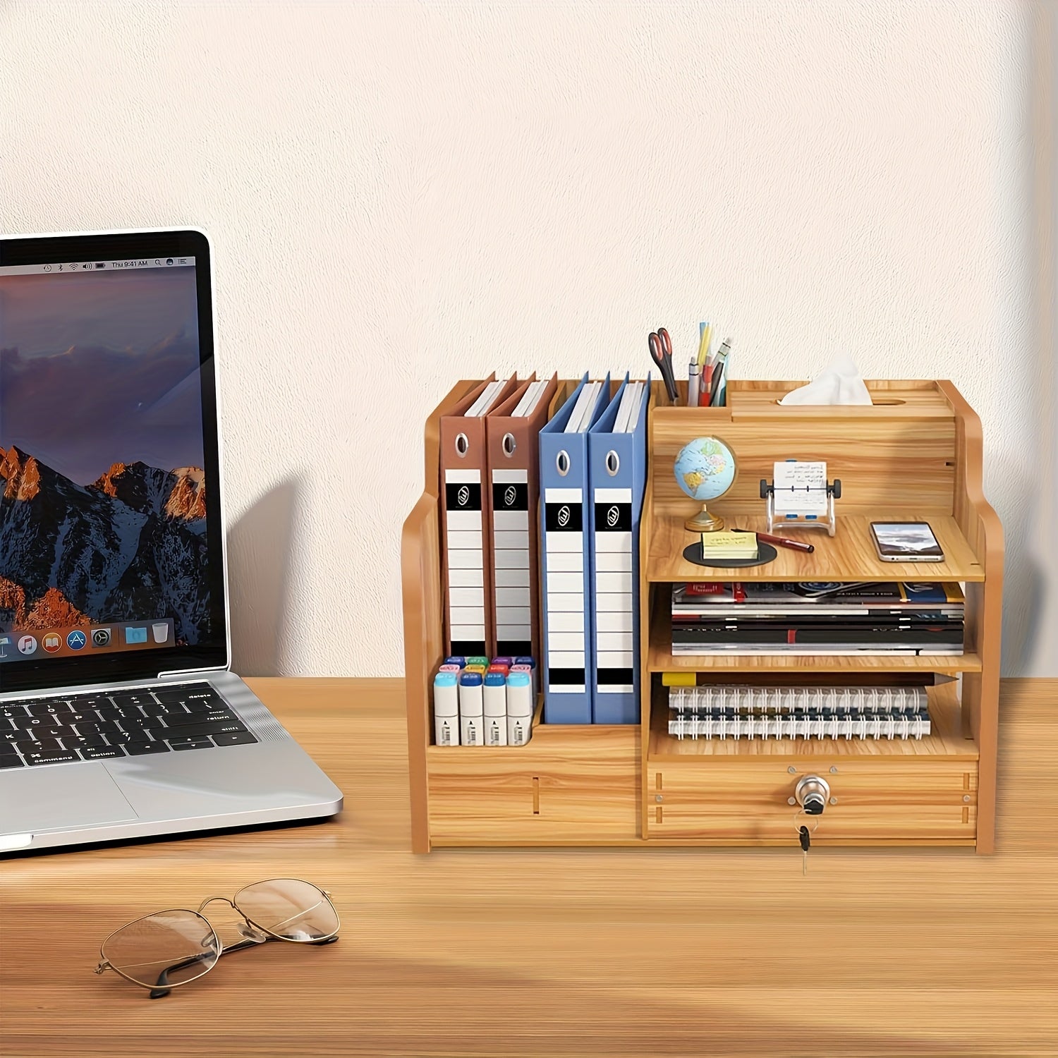 Office Paper Organizer for Desk, Wooden File Holder, Office Desk Organizer, Stackable Paper Trays for Home, Office, School