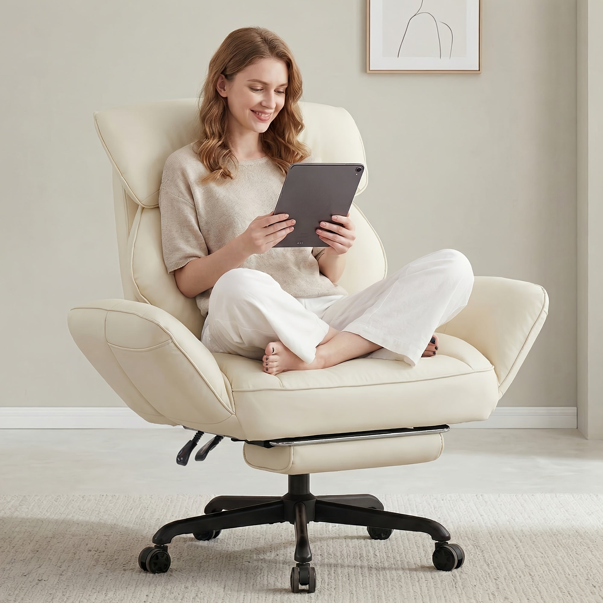 Adjustable Height And Armrest Office Chair with Pocket Spring Cushion, Retractable Footrest Recliner, Swivel High Back Gaming Chair for Home Office, Game, Rest, Study