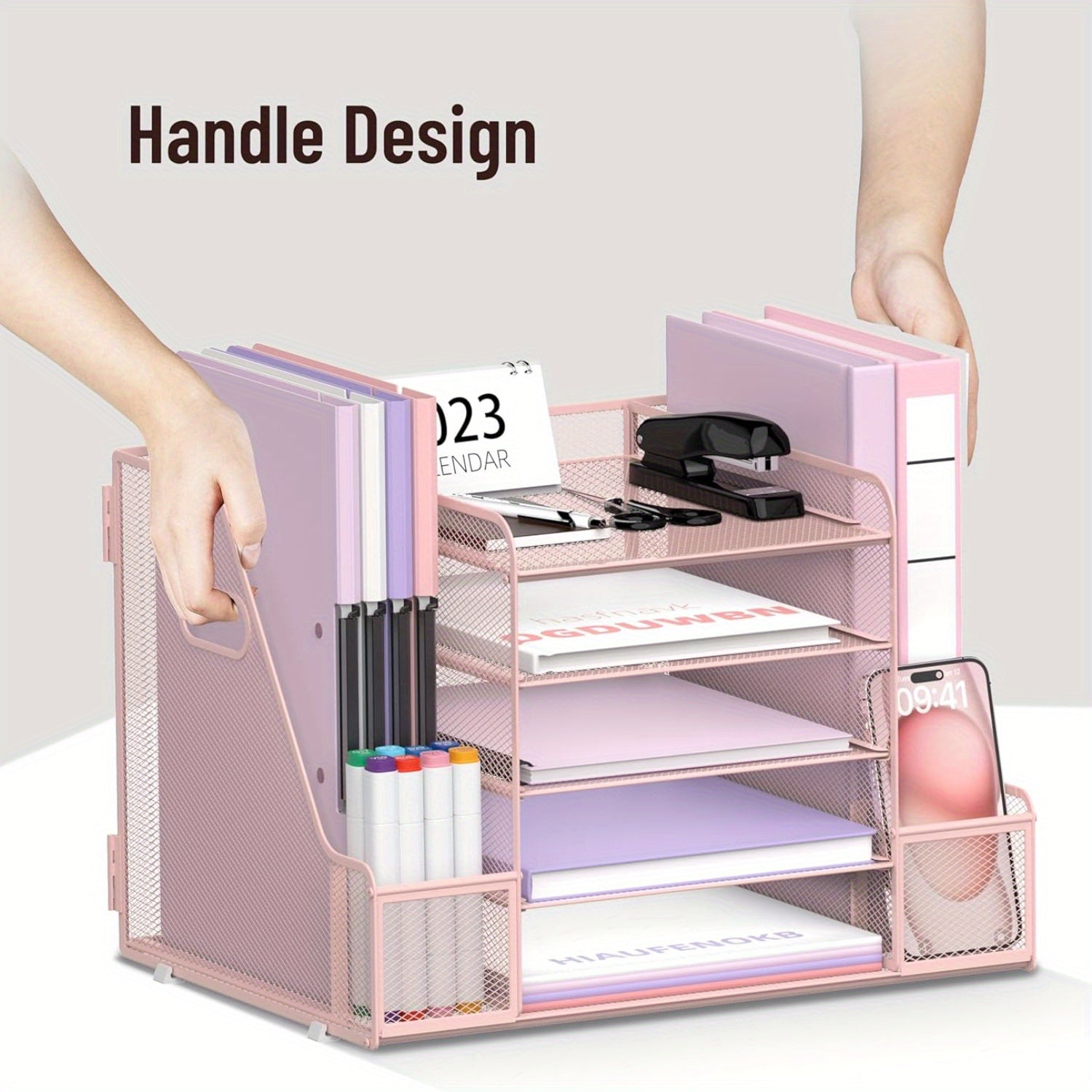 JMHUD Mesh Desk Organizer, 5-Tier Paper Letter Tray Organizer with File Holder for Office Supplies Home or School, Desktop Organizer with Magazine Holder and Storage