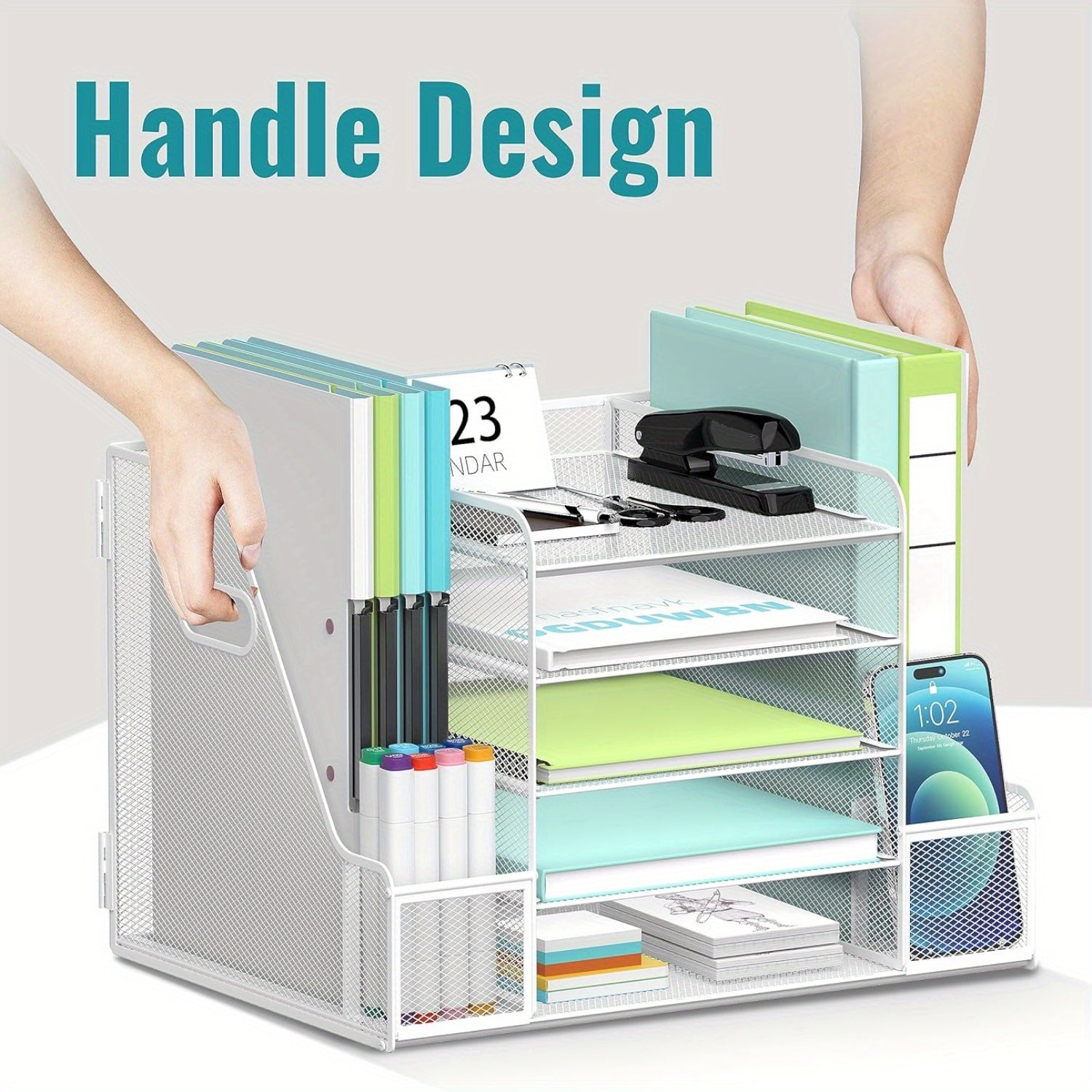 JMHUD Mesh Desk Organizer, 5-Tier Paper Letter Tray Organizer with File Holder for Office Supplies Home or School, Desktop Organizer with Magazine Holder and Storage