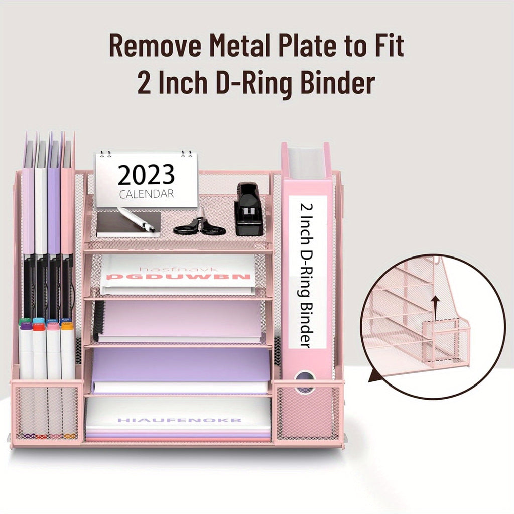JMHUD Mesh Desk Organizer, 5-Tier Paper Letter Tray Organizer with File Holder for Office Supplies Home or School, Desktop Organizer with Magazine Holder and Storage