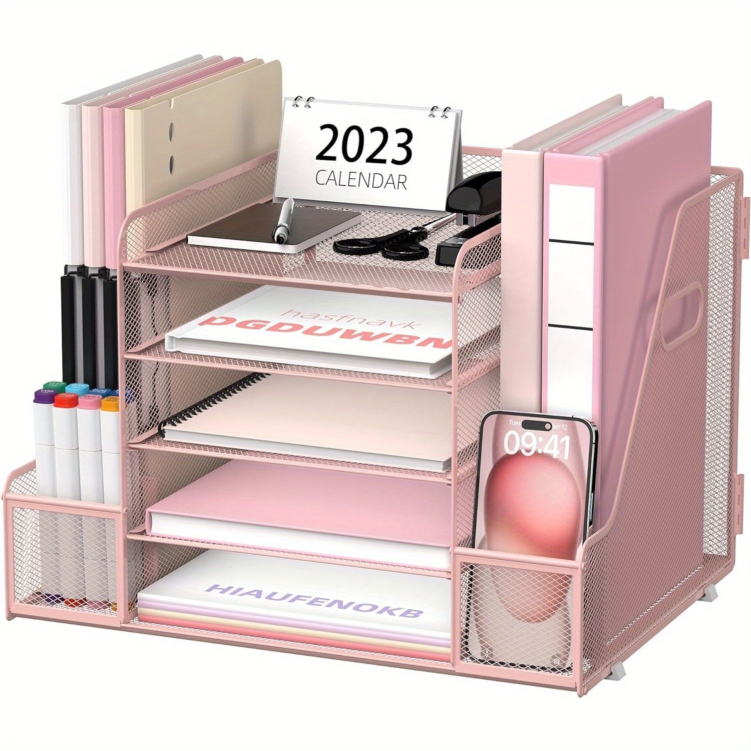 JMHUD Mesh Desk Organizer, 5-Tier Paper Letter Tray Organizer with File Holder for Office Supplies Home or School, Desktop Organizer with Magazine Holder and Storage