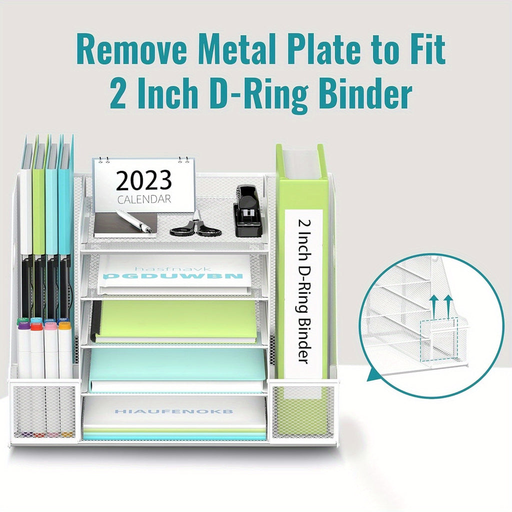 JMHUD Mesh Desk Organizer, 5-Tier Paper Letter Tray Organizer with File Holder for Office Supplies Home or School, Desktop Organizer with Magazine Holder and Storage
