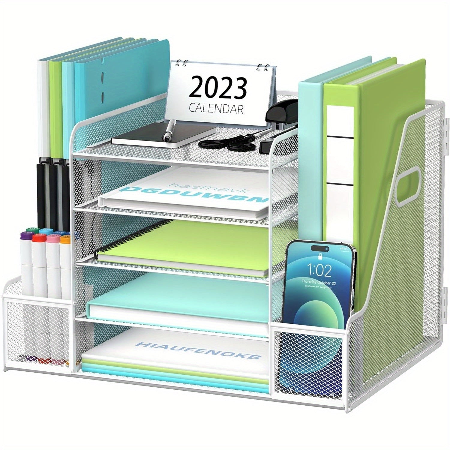 JMHUD Mesh Desk Organizer, 5-Tier Paper Letter Tray Organizer with File Holder for Office Supplies Home or School, Desktop Organizer with Magazine Holder and Storage