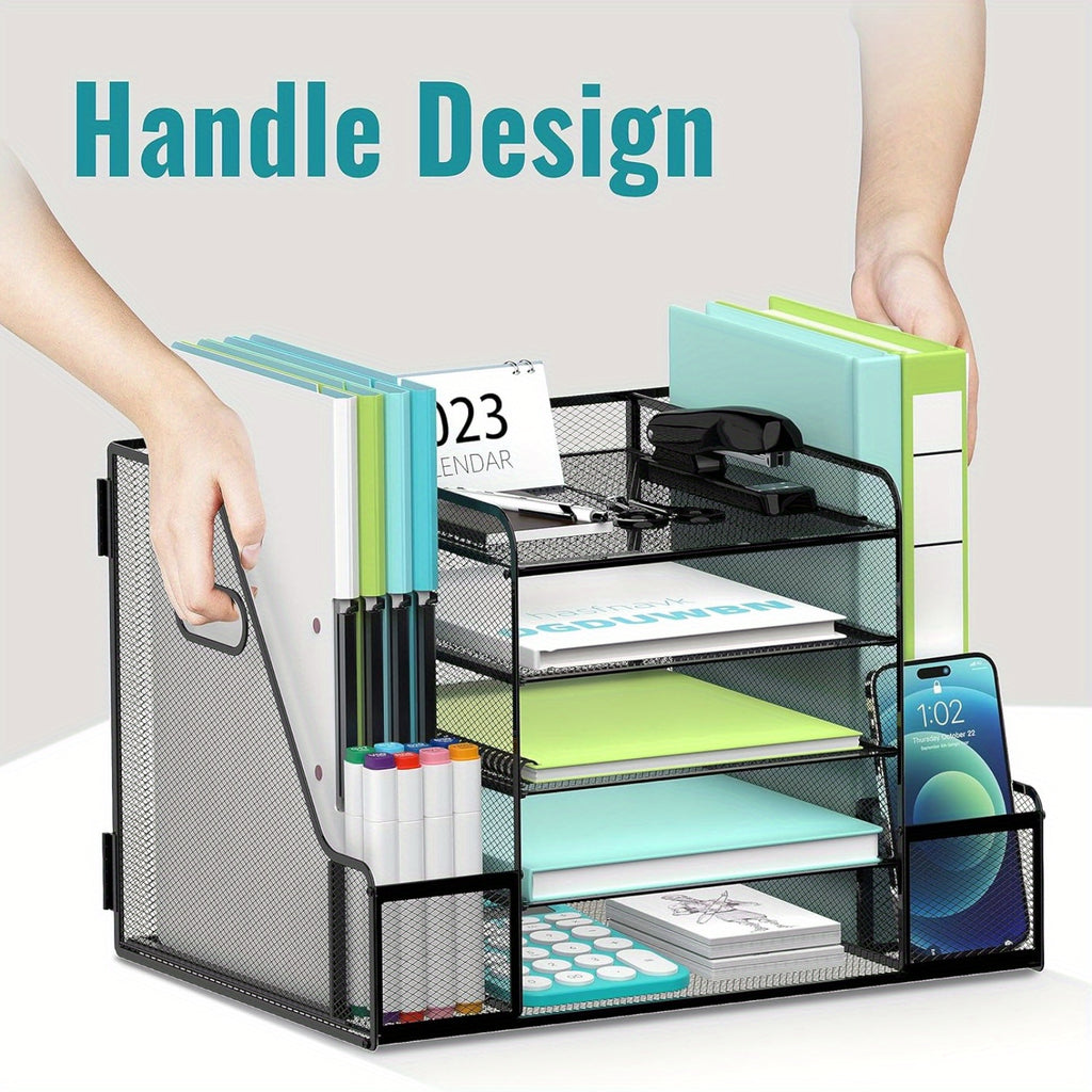 JMHUD Mesh Desk Organizer, 5-Tier Paper Letter Tray Organizer with File Holder for Office Supplies Home or School, Desktop Organizer with Magazine Holder and Storage