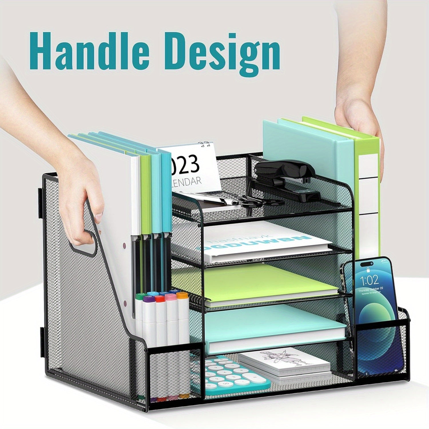 JMHUD Mesh Desk Organizer, 5-Tier Paper Letter Tray Organizer with File Holder for Office Supplies Home or School, Desktop Organizer with Magazine Holder and Storage