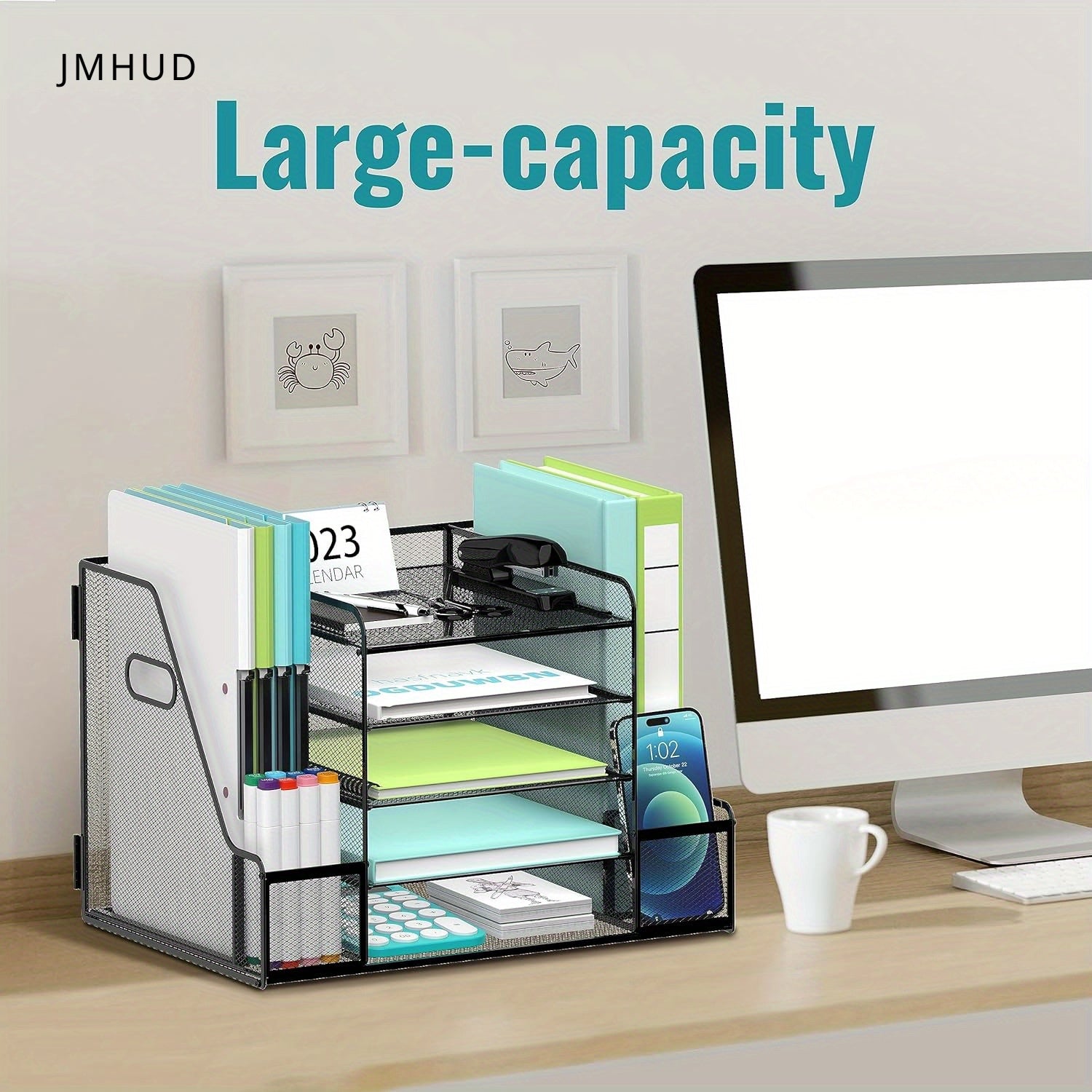 JMHUD Mesh Desk Organizer, 5-Tier Paper Letter Tray Organizer with File Holder for Office Supplies Home or School, Desktop Organizer with Magazine Holder and Storage