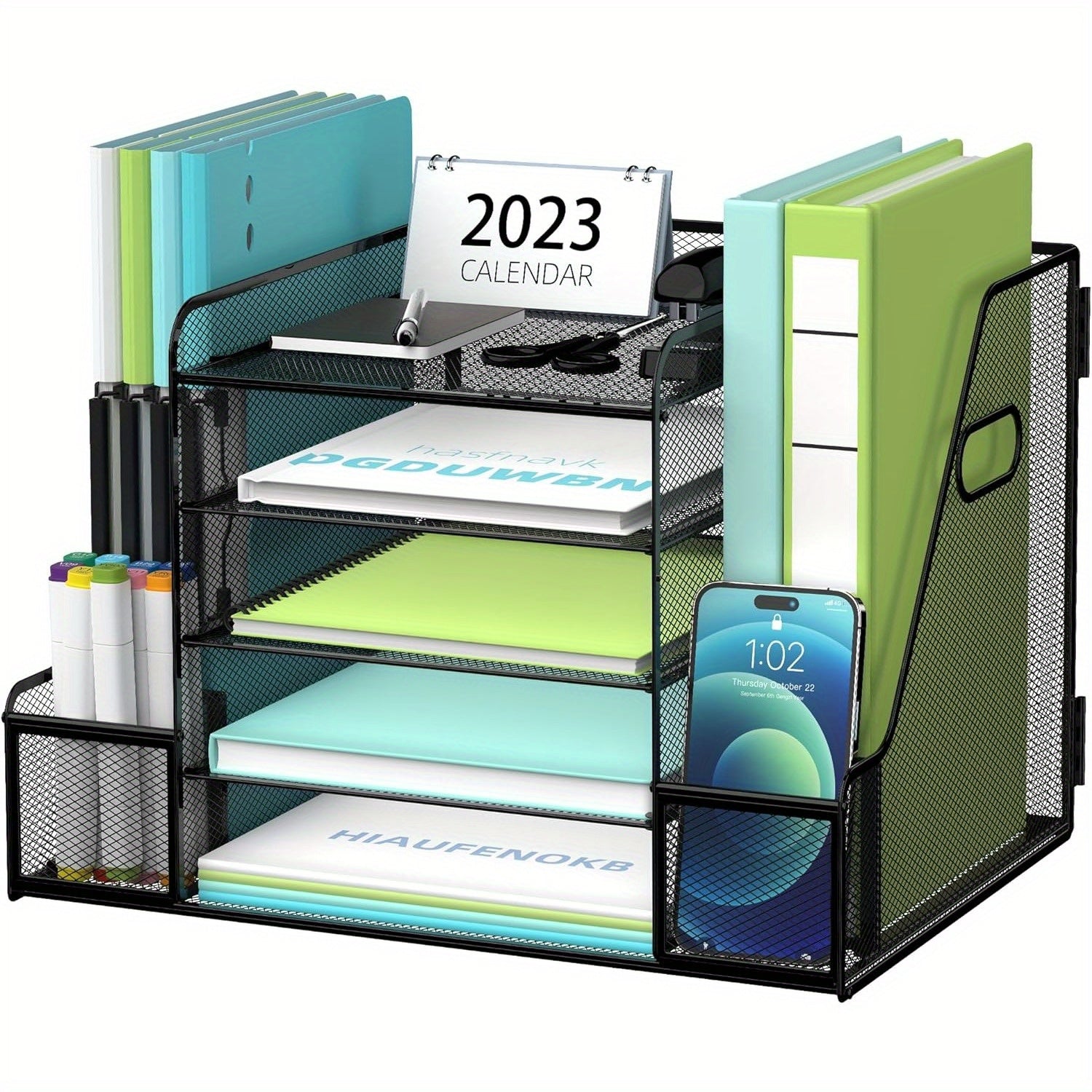 JMHUD Mesh Desk Organizer, 5-Tier Paper Letter Tray Organizer with File Holder for Office Supplies Home or School, Desktop Organizer with Magazine Holder and Storage