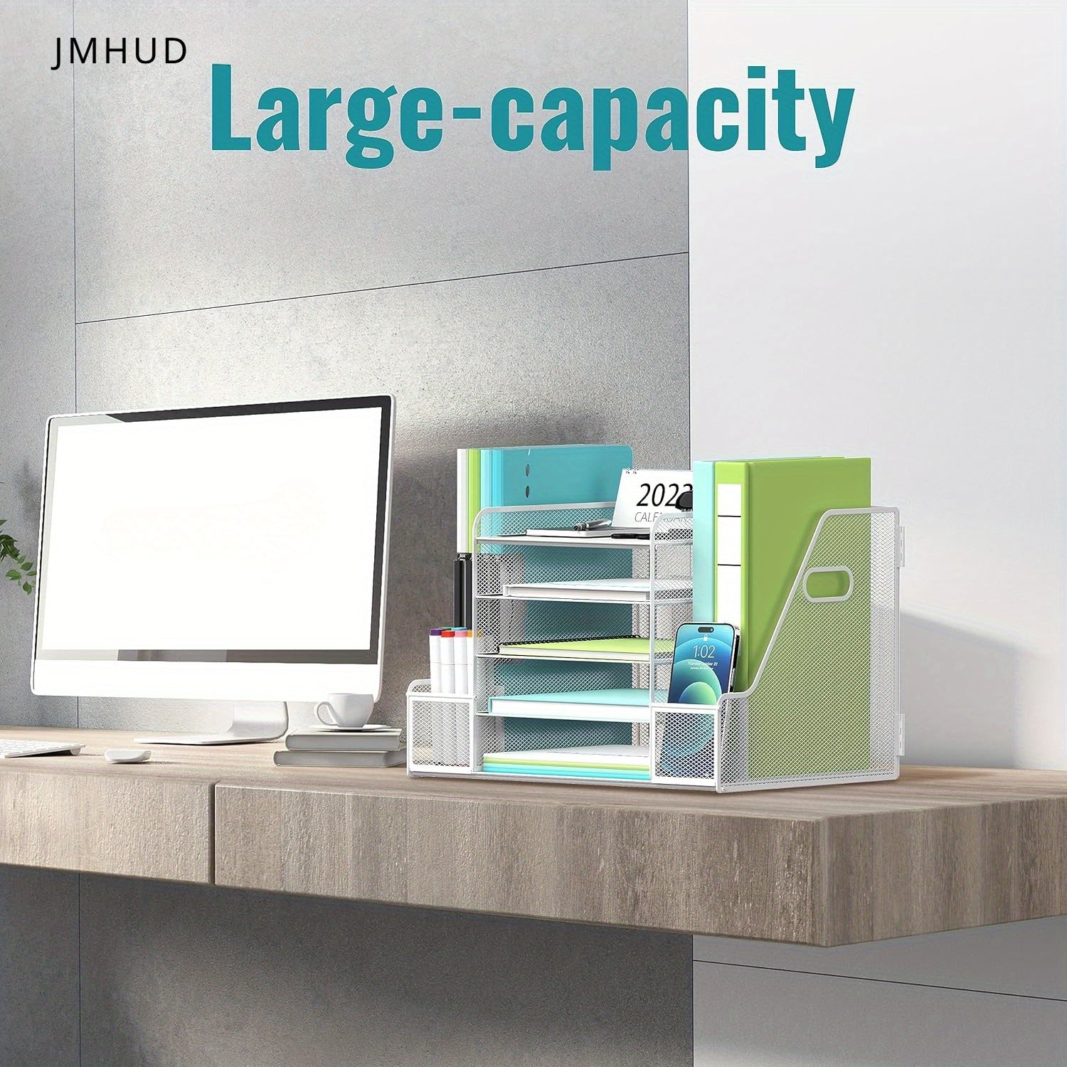 JMHUD Mesh Desk Organizer, 5-Tier Paper Letter Tray Organizer with File Holder for Office Supplies Home or School, Desktop Organizer with Magazine Holder and Storage