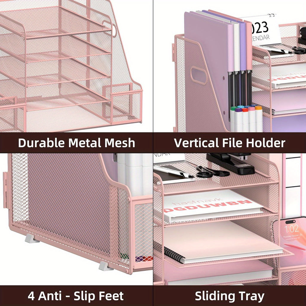 JMHUD Mesh Desk Organizer, 5-Tier Paper Letter Tray Organizer with File Holder for Office Supplies Home or School, Desktop Organizer with Magazine Holder and Storage