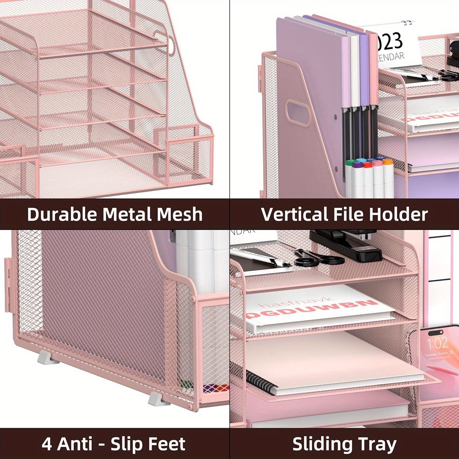 JMHUD Mesh Desk Organizer, 5-Tier Paper Letter Tray Organizer with File Holder for Office Supplies Home or School, Desktop Organizer with Magazine Holder and Storage