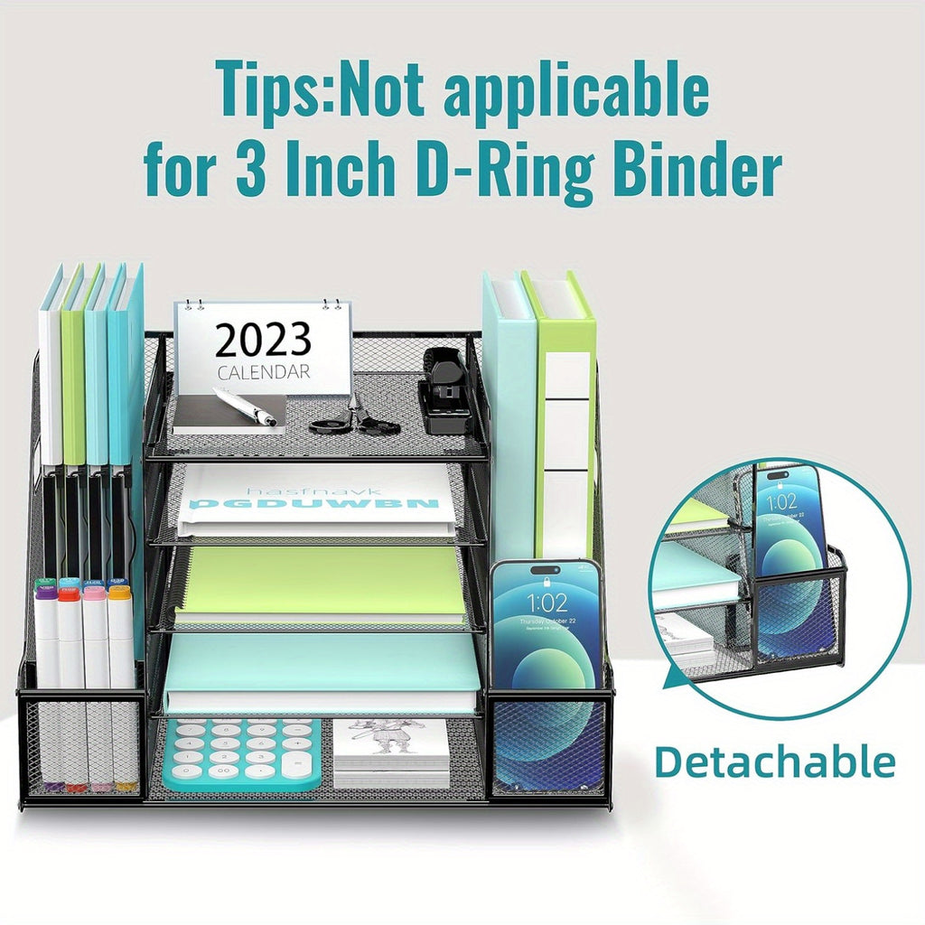 JMHUD Mesh Desk Organizer, 5-Tier Paper Letter Tray Organizer with File Holder for Office Supplies Home or School, Desktop Organizer with Magazine Holder and Storage