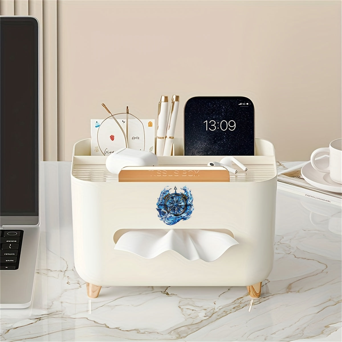 1pc Multifunctional Desk Organizer Tissue Box, Nordic Style Desktop Napkin Storage Holder, Non-Slip Tissue Container with Multi-Compartment for Remote Controls Pens Stationery, for Home Office Living Room Coffee Table Decoration And Storage