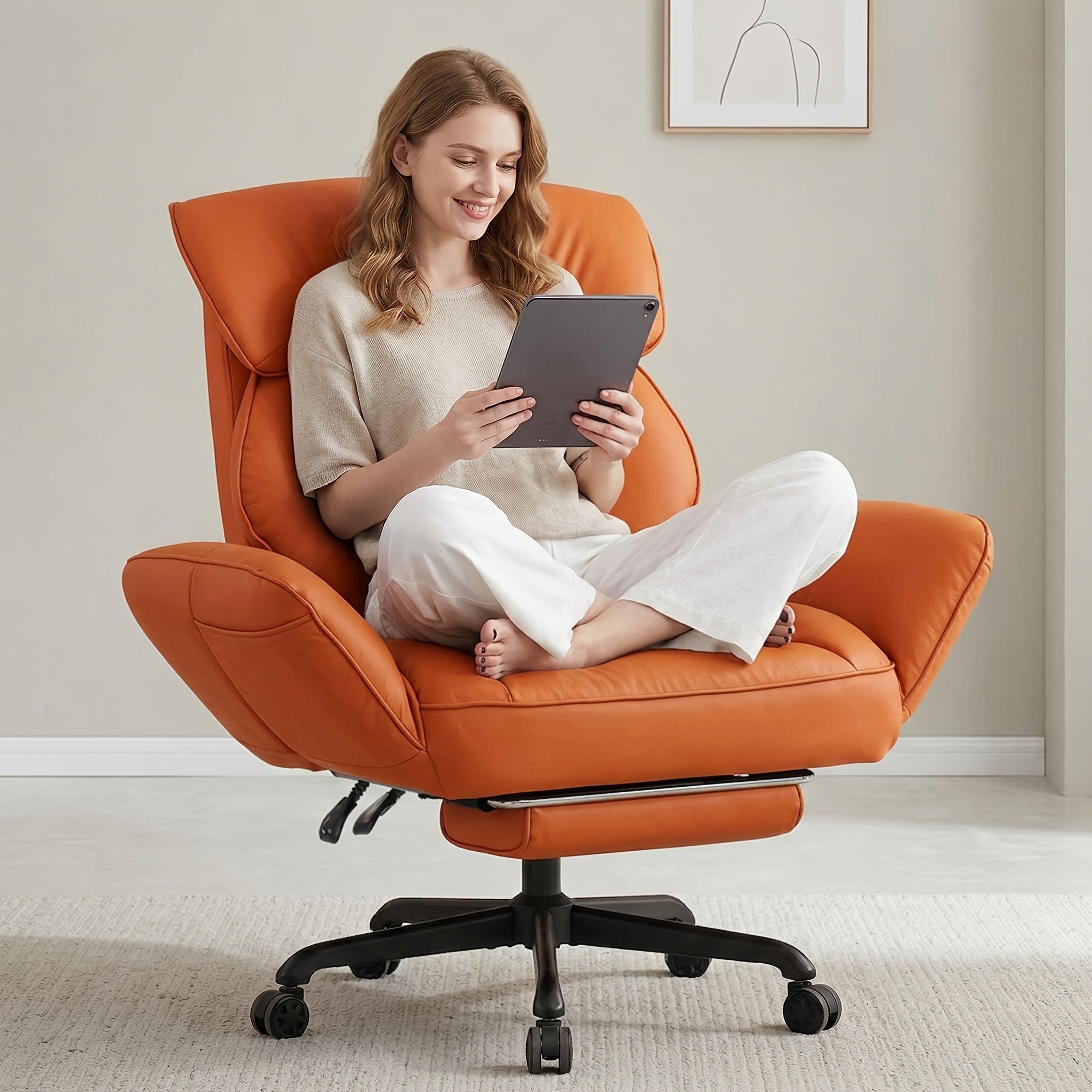 Adjustable Height And Armrest Office Chair with Pocket Spring Cushion, Retractable Footrest Recliner, Swivel High Back Gaming Chair for Home Office, Game, Rest, Study