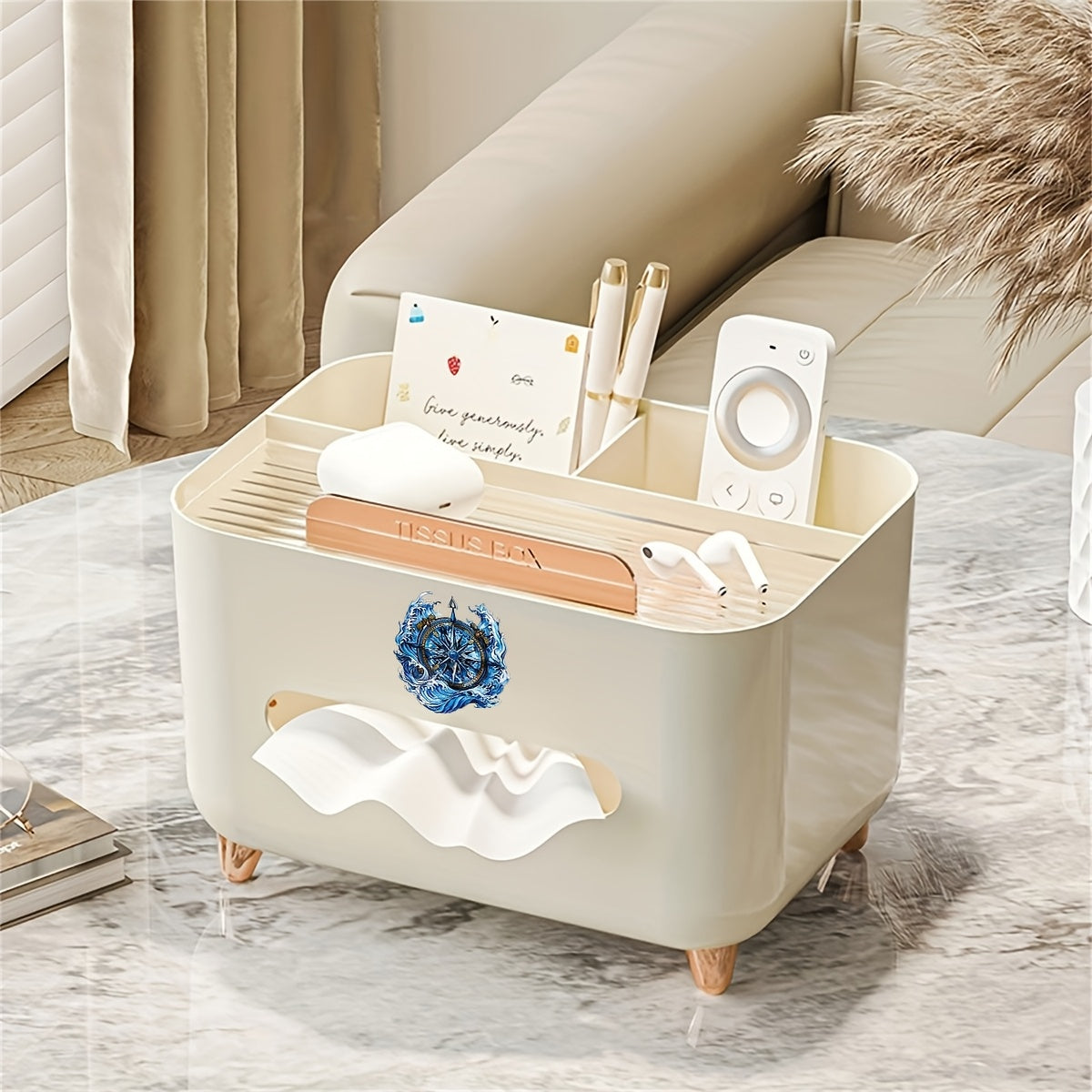 1pc Multifunctional Desk Organizer Tissue Box, Nordic Style Desktop Napkin Storage Holder, Non-Slip Tissue Container with Multi-Compartment for Remote Controls Pens Stationery, for Home Office Living Room Coffee Table Decoration And Storage