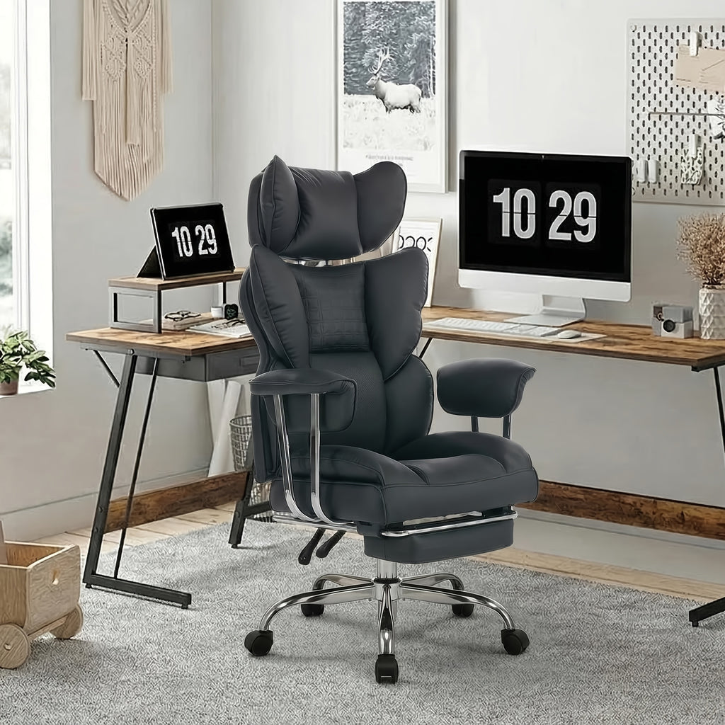 Big & Tall Executive Office Chair, 350 LBS Capacity, Scratch Resistant PU Leather Desk Chair with Foldable Footrest, Ergonomic Reclining Computer Chair, Pocket Spring Cushion Support for Home Office