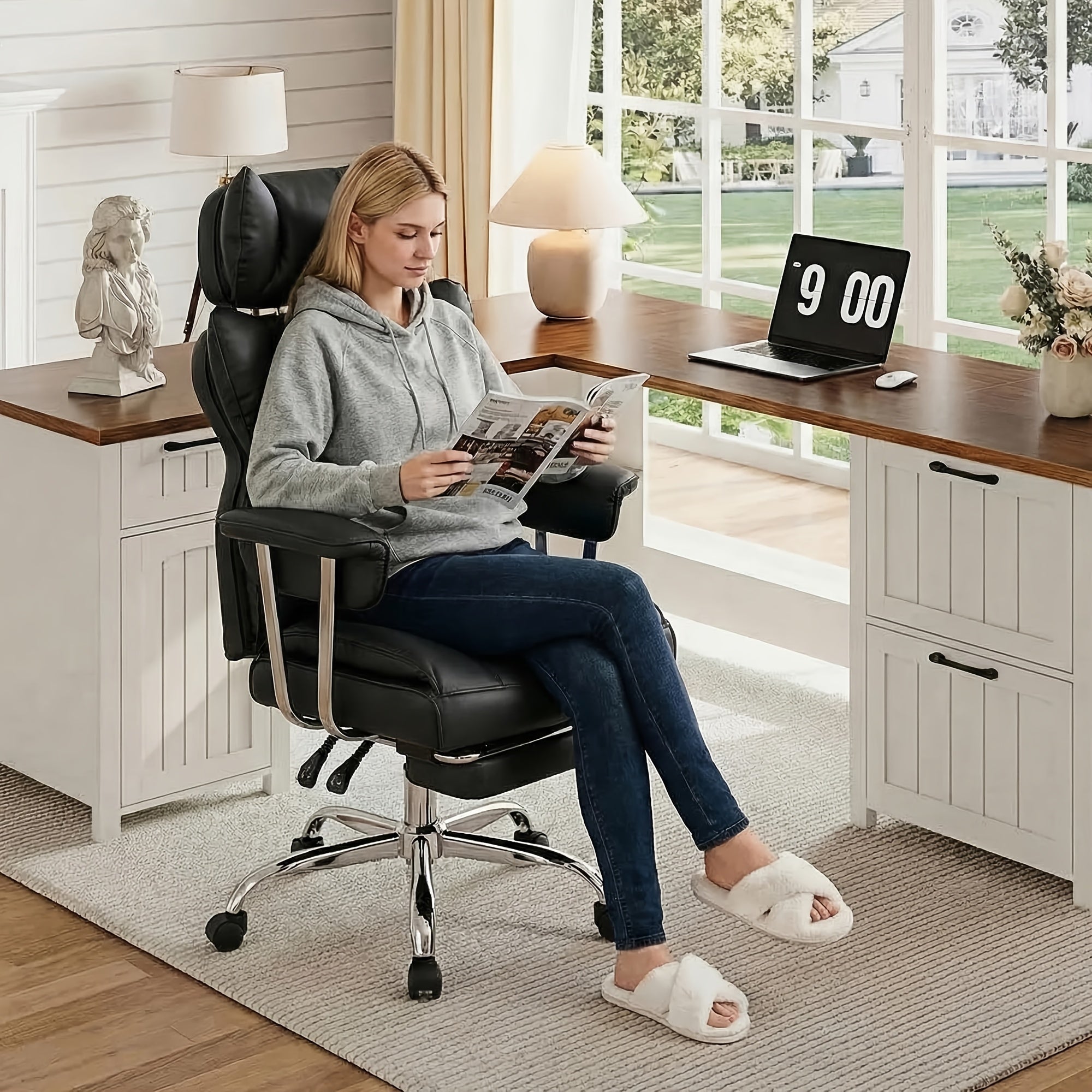 Big & Tall Executive Office Chair, 350 LBS Capacity, Scratch Resistant PU Leather Desk Chair with Foldable Footrest, Ergonomic Reclining Computer Chair, Pocket Spring Cushion Support for Home Office