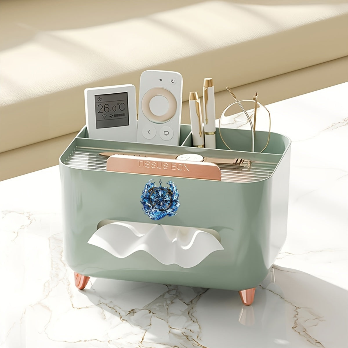 1pc Multifunctional Desk Organizer Tissue Box, Nordic Style Desktop Napkin Storage Holder, Non-Slip Tissue Container with Multi-Compartment for Remote Controls Pens Stationery, for Home Office Living Room Coffee Table Decoration And Storage
