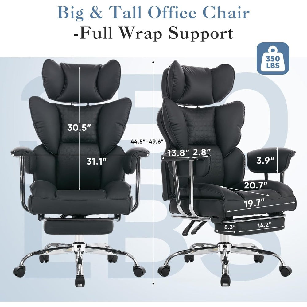 Big & Tall Executive Office Chair, 350 LBS Capacity, Scratch Resistant PU Leather Desk Chair with Foldable Footrest, Ergonomic Reclining Computer Chair, Pocket Spring Cushion Support for Home Office