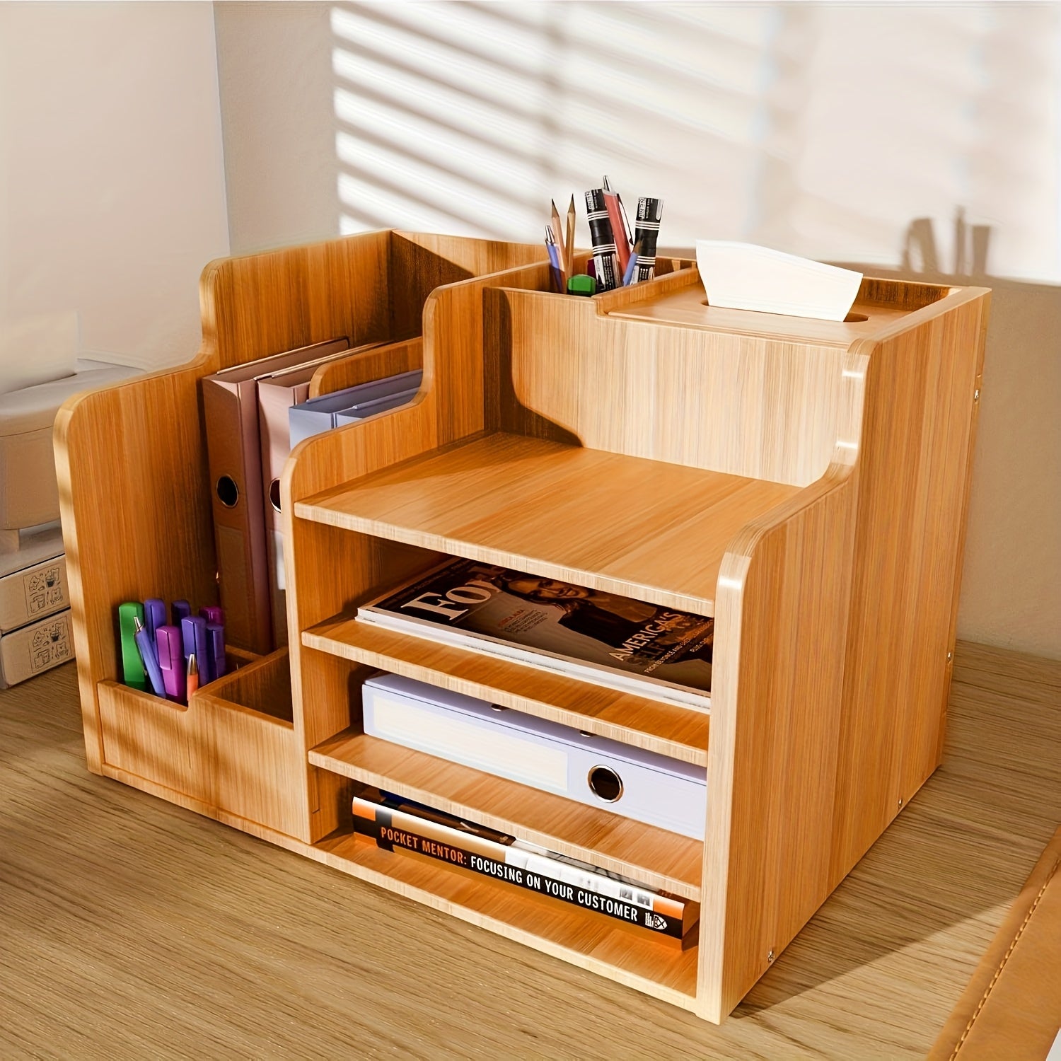 Office Paper Organizer for Desk, Wooden File Holder, Office Desk Organizer, Stackable Paper Trays for Home, Office, School