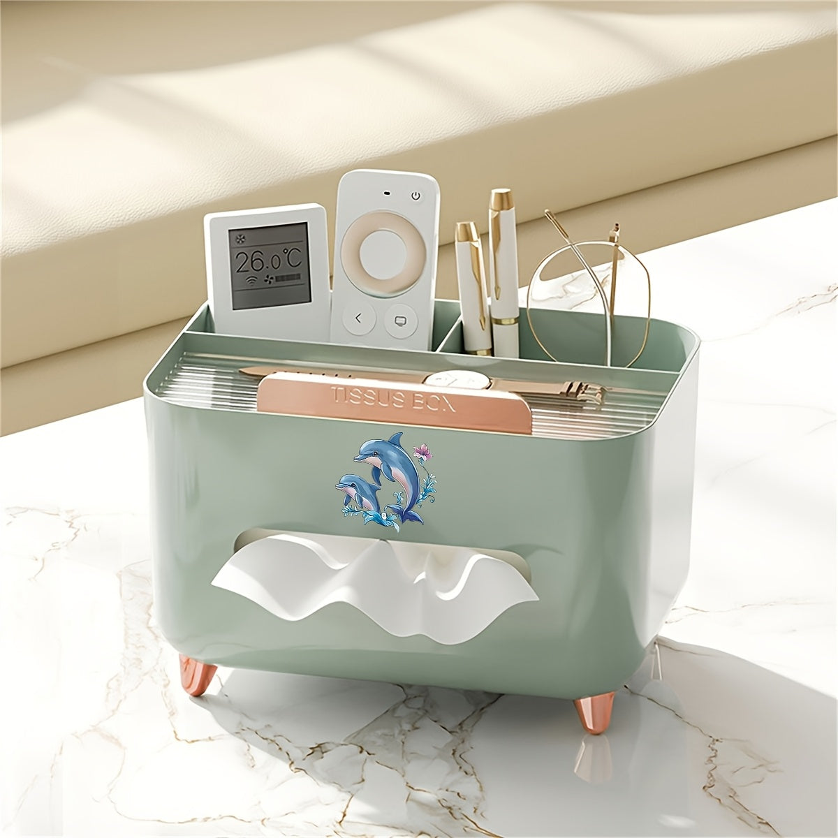 1pc Multifunctional Desk Organizer Tissue Box, Nordic Style Desktop Napkin Storage Holder, Non-Slip Tissue Container with Multi-Compartment for Remote Controls Pens Stationery, for Home Office Living Room Coffee Table Decoration And Storage