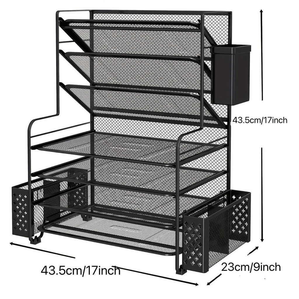 7-Tier Desk File Organizer, HOMEBETTER Document Rack, Letter Tray Paper Organizer with Pen Holder And Metal Hanging Basket