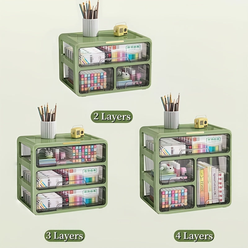 2\u002F3\u002F4-Tier Stackable Desktop Storage Organizer with Drawers, Detachable Desktop Drawer Rack with Adjustable Dividers, Offic Storage Drawer Units with Handles for Stationery, Medicine, Crafts, Cosmetics - Avocado Green, Storage Drawer Units
