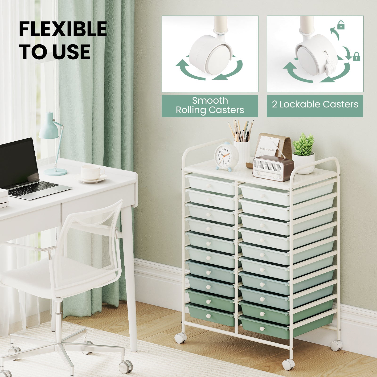 20-Drawer Mobile Storage Cart with Lockable Wheels, Multifunctional Craft Organizer for Tools, Scrapbooks Supplies & Paper, for Home Office, Colorful\u002F Purple\u002F Gradient Green, Desk & Drawer Organizer for Home Storage