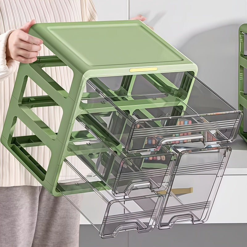 2\u002F3\u002F4-Tier Stackable Desktop Storage Organizer with Drawers, Detachable Desktop Drawer Rack with Adjustable Dividers, Offic Storage Drawer Units with Handles for Stationery, Medicine, Crafts, Cosmetics - Avocado Green, Storage Drawer Units