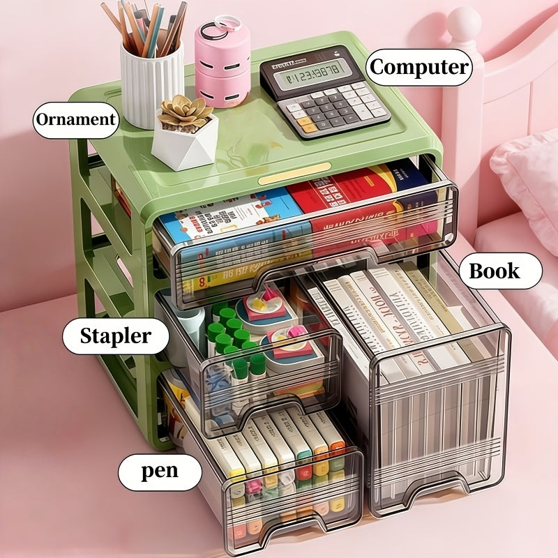 2\u002F3\u002F4-Tier Stackable Desktop Storage Organizer with Drawers, Detachable Desktop Drawer Rack with Adjustable Dividers, Offic Storage Drawer Units with Handles for Stationery, Medicine, Crafts, Cosmetics - Avocado Green, Storage Drawer Units