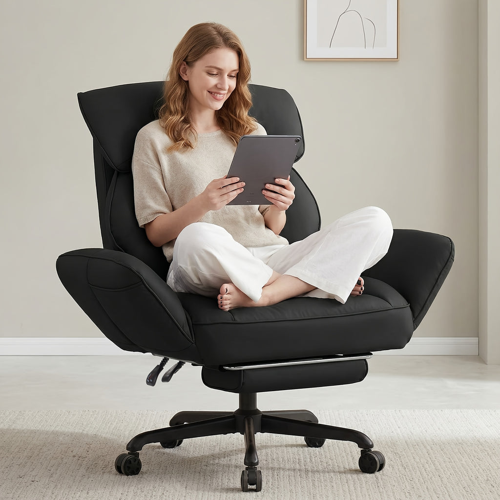 Adjustable Height And Armrest Office Chair with Pocket Spring Cushion, Retractable Footrest Recliner, Swivel High Back Gaming Chair for Home Office, Game, Rest, Study