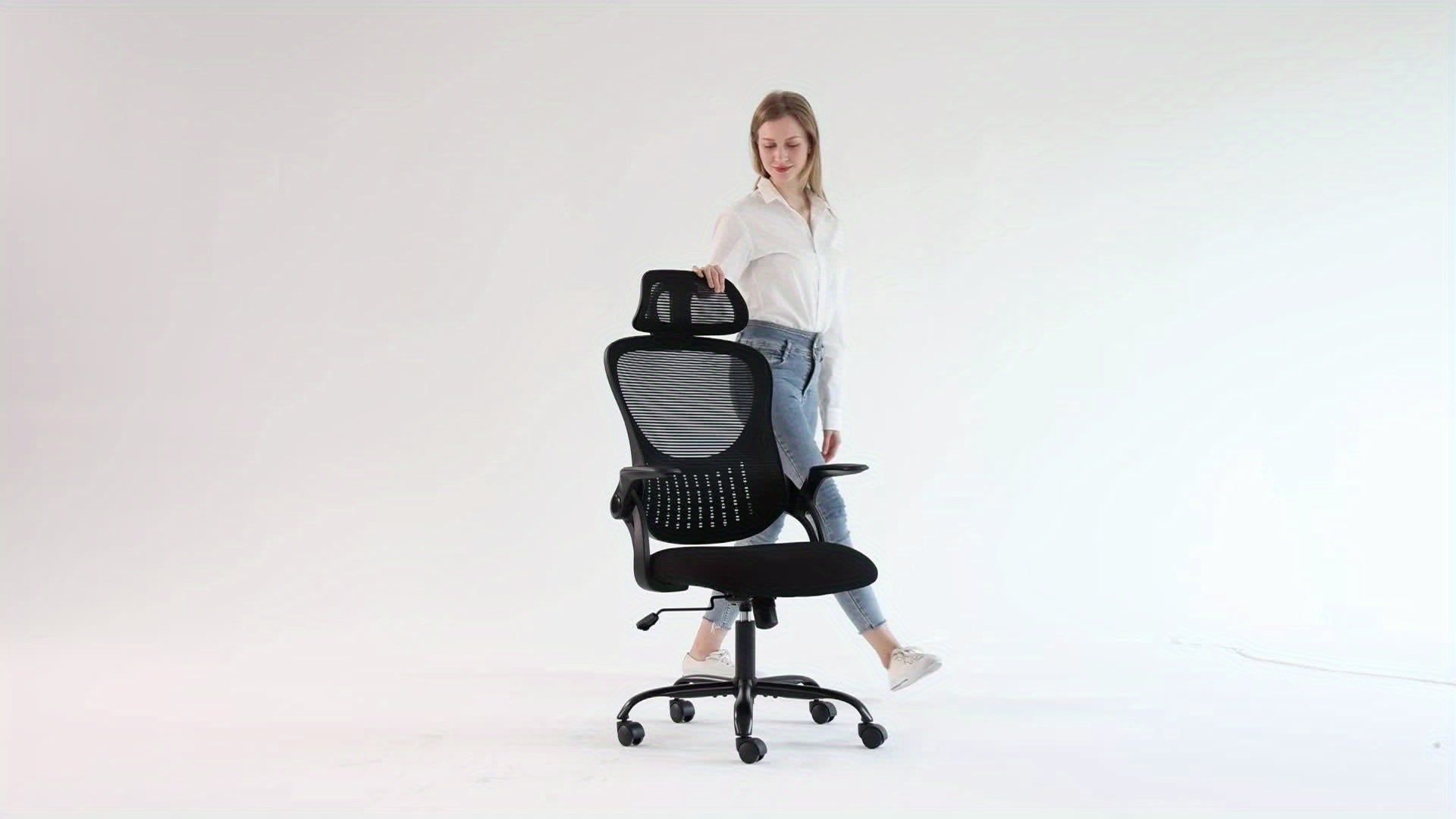 Ergonomic Office Desk Computer Chair, High Back Comfy Swivel Home Gaming Mesh Chairs With Wheels, Adjustable Headrest, Comfortable Lumbar Support, Flip-up Arms, 144° Tilt For Study