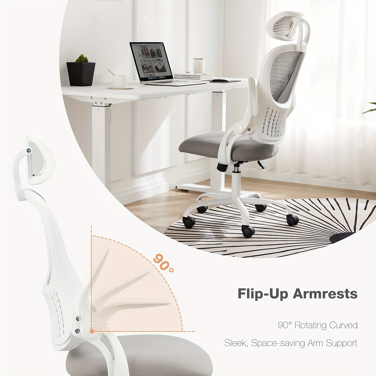 Ergonomic Office Desk Computer Chair, High Back Comfy Swivel Home Gaming Mesh Chairs With Wheels, Adjustable Headrest, Comfortable Lumbar Support, Flip-up Arms, 144° Tilt For Study