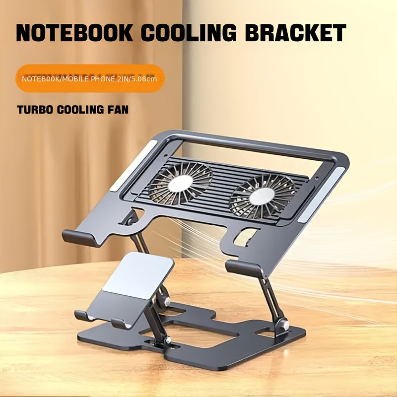 1 Mobile Phone Laptop Holder 2in 1 Heightening Vertical Heat Dissipation Folding Office Liftable Carbon Steel Bracket, Ergonomic Adjustable Folding Desktop Laptop Holder with Semiconductor Cooling Fan - Heavy Duty Carbon Steel 2in 1 Lifter and Mobile