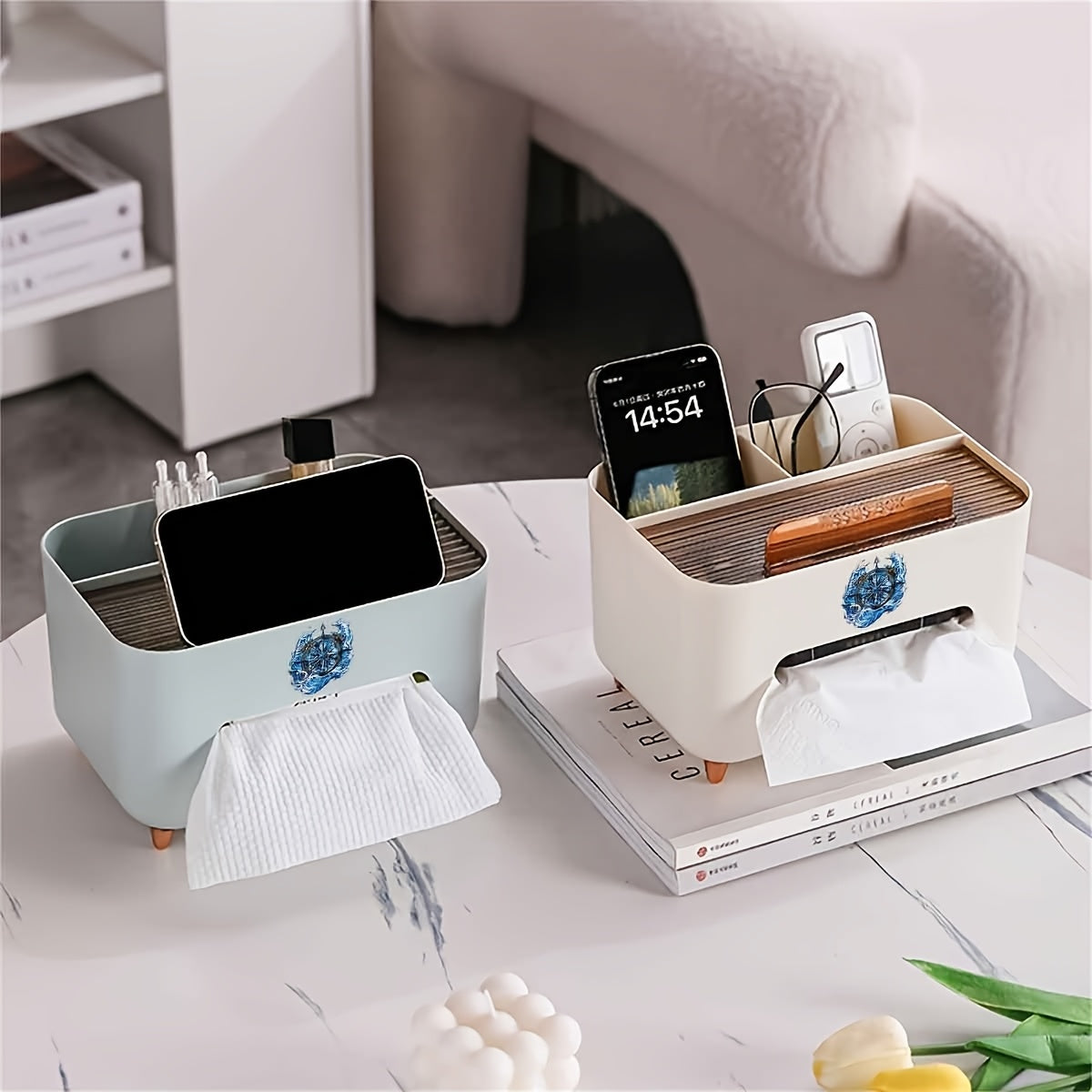 1pc Multifunctional Desk Organizer Tissue Box, Nordic Style Desktop Napkin Storage Holder, Non-Slip Tissue Container with Multi-Compartment for Remote Controls Pens Stationery, for Home Office Living Room Coffee Table Decoration And Storage