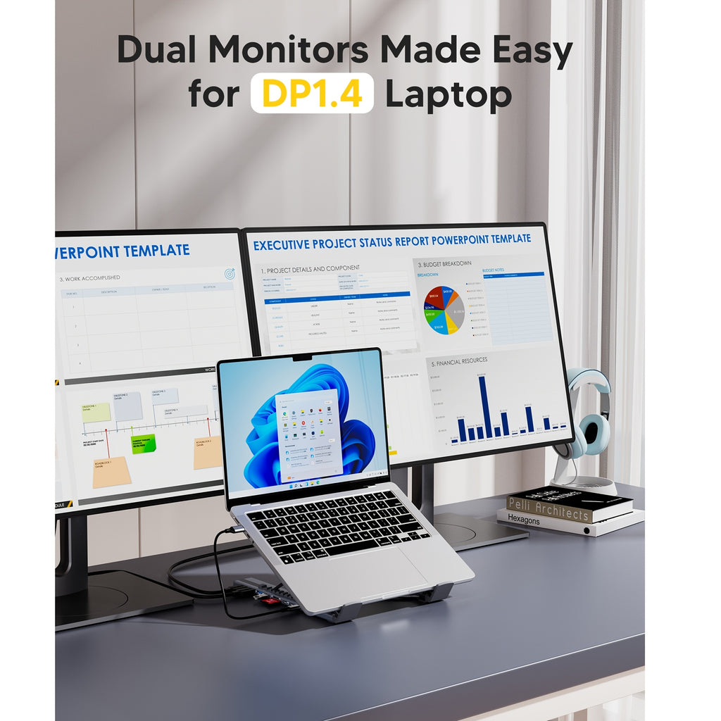 USB-C Laptop Docking Station Stand, Supports Dual 4K@60Hz Monitors, 9-in-1 USB-C Hub with 2 HDTV Ports, 2 USB 3.0 Ports, 100W PD Fast Charging, Universal Docking Station Suitable for MacBook Pro\u002FAir\u002FDell\u002FHP\u002FSurface\u002FLenovo