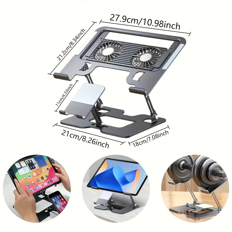1 Mobile Phone Laptop Holder 2in 1 Heightening Vertical Heat Dissipation Folding Office Liftable Carbon Steel Bracket, Ergonomic Adjustable Folding Desktop Laptop Holder with Semiconductor Cooling Fan - Heavy Duty Carbon Steel 2in 1 Lifter and Mobile