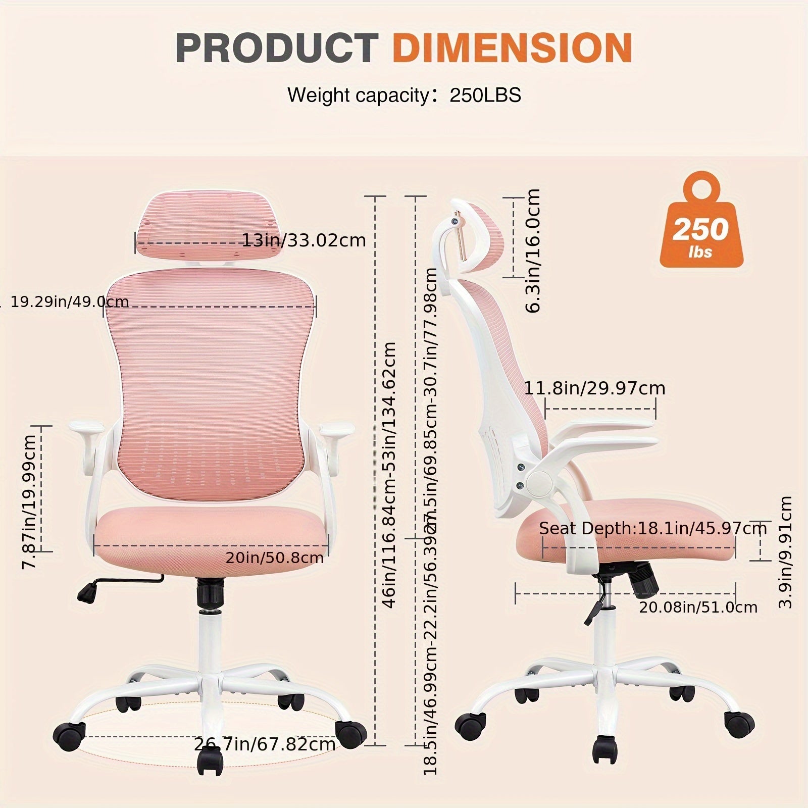 Ergonomic Office Desk Computer Chair, High Back Comfy Swivel Home Gaming Mesh Chairs With Wheels, Adjustable Headrest, Comfortable Lumbar Support, Flip-up Arms, 144° Tilt For Study