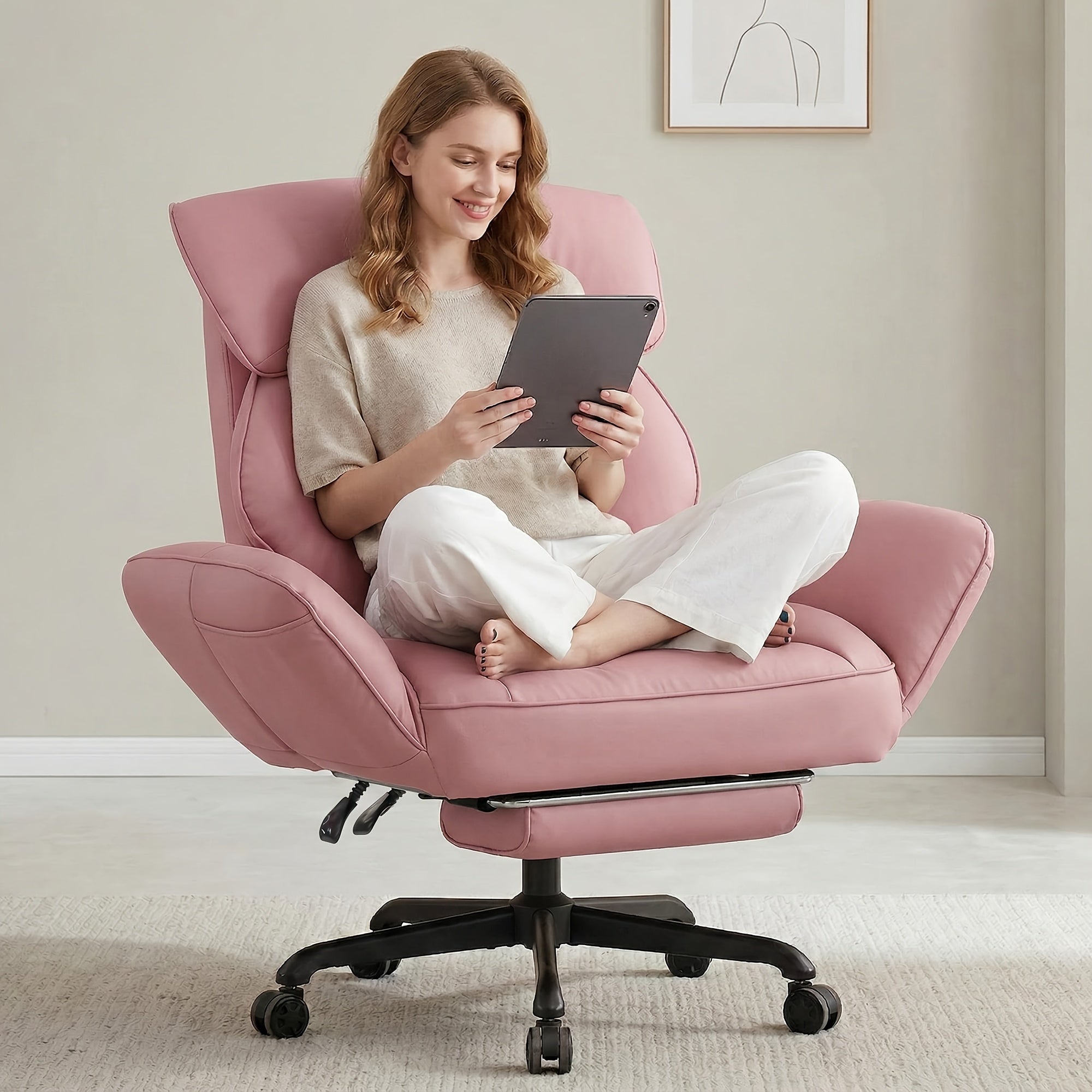 Adjustable Height And Armrest Office Chair with Pocket Spring Cushion, Retractable Footrest Recliner, Swivel High Back Gaming Chair for Home Office, Game, Rest, Study