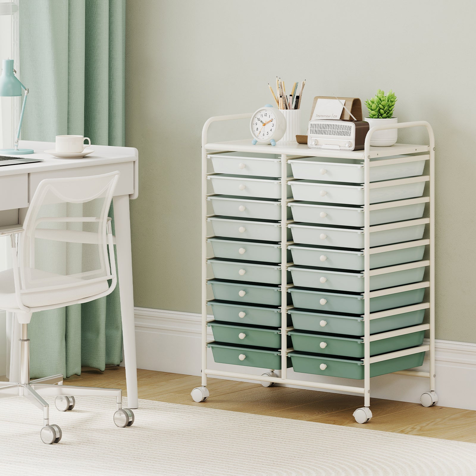 20-Drawer Mobile Storage Cart with Lockable Wheels, Multifunctional Craft Organizer for Tools, Scrapbooks Supplies & Paper, for Home Office, Colorful\u002F Purple\u002F Gradient Green, Desk & Drawer Organizer for Home Storage