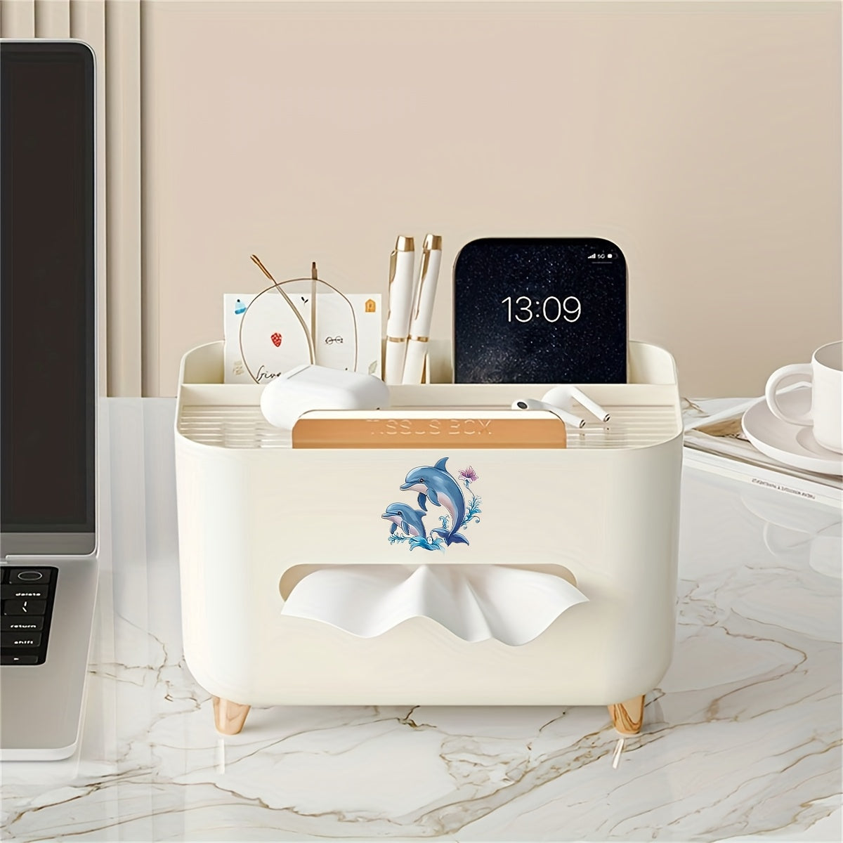 1pc Multifunctional Desk Organizer Tissue Box, Nordic Style Desktop Napkin Storage Holder, Non-Slip Tissue Container with Multi-Compartment for Remote Controls Pens Stationery, for Home Office Living Room Coffee Table Decoration And Storage