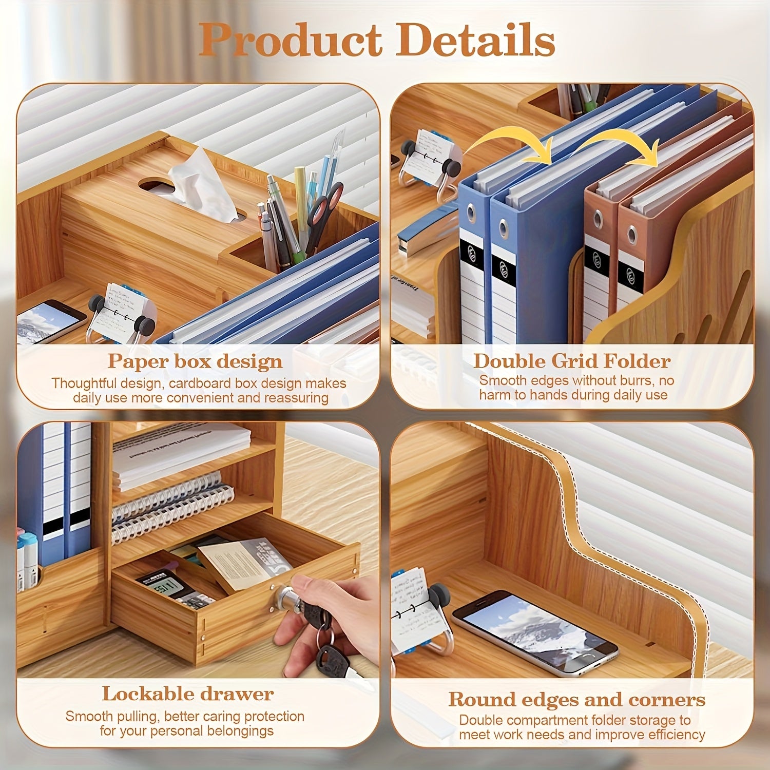 Office Paper Organizer for Desk, Wooden File Holder, Office Desk Organizer, Stackable Paper Trays for Home, Office, School