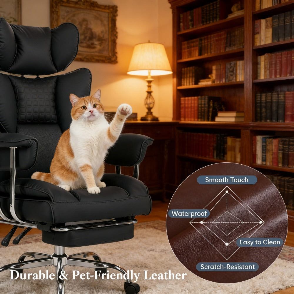 Big & Tall Executive Office Chair, 350 LBS Capacity, Scratch Resistant PU Leather Desk Chair with Foldable Footrest, Ergonomic Reclining Computer Chair, Pocket Spring Cushion Support for Home Office