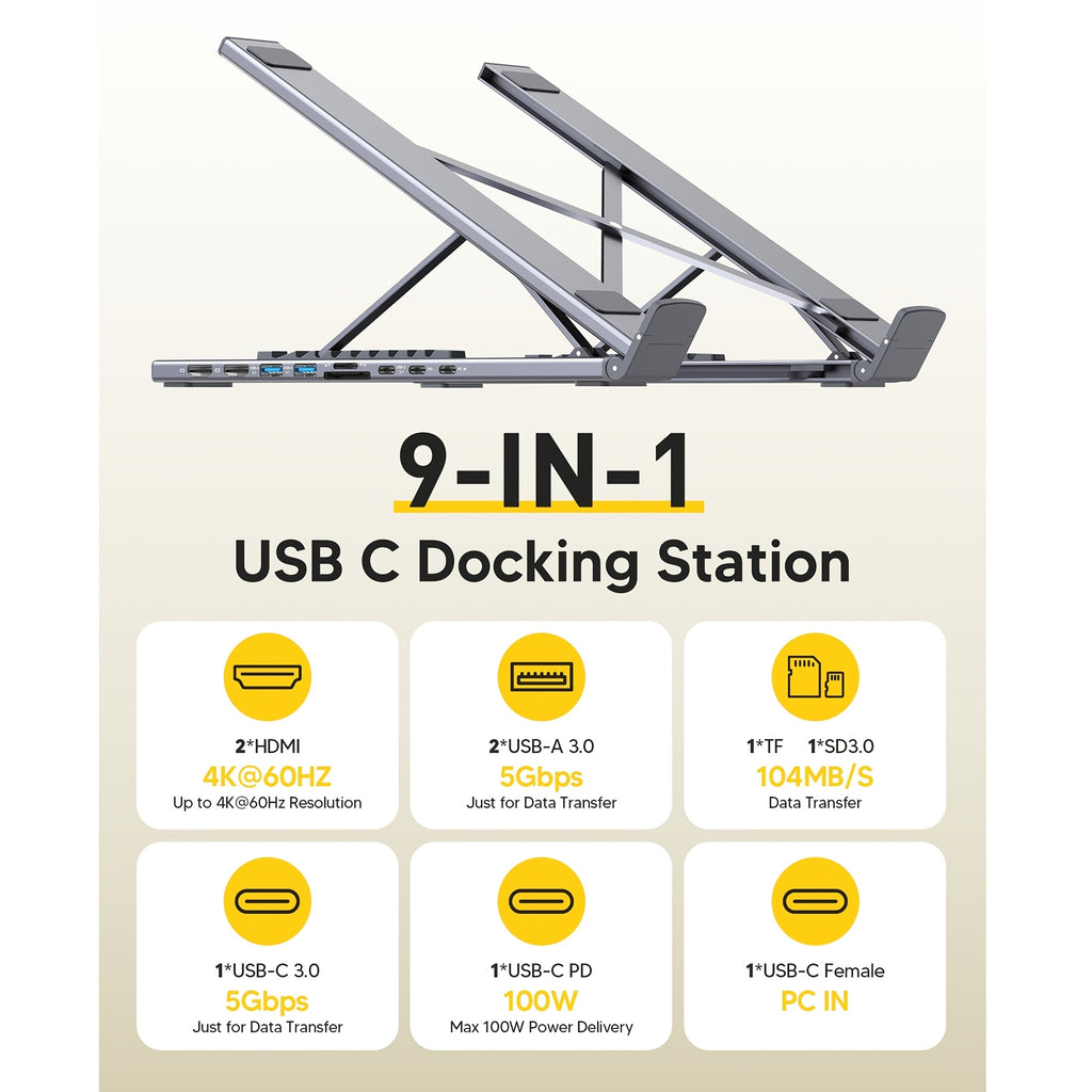 USB-C Laptop Docking Station Stand, Supports Dual 4K@60Hz Monitors, 9-in-1 USB-C Hub with 2 HDTV Ports, 2 USB 3.0 Ports, 100W PD Fast Charging, Universal Docking Station Suitable for MacBook Pro\u002FAir\u002FDell\u002FHP\u002FSurface\u002FLenovo