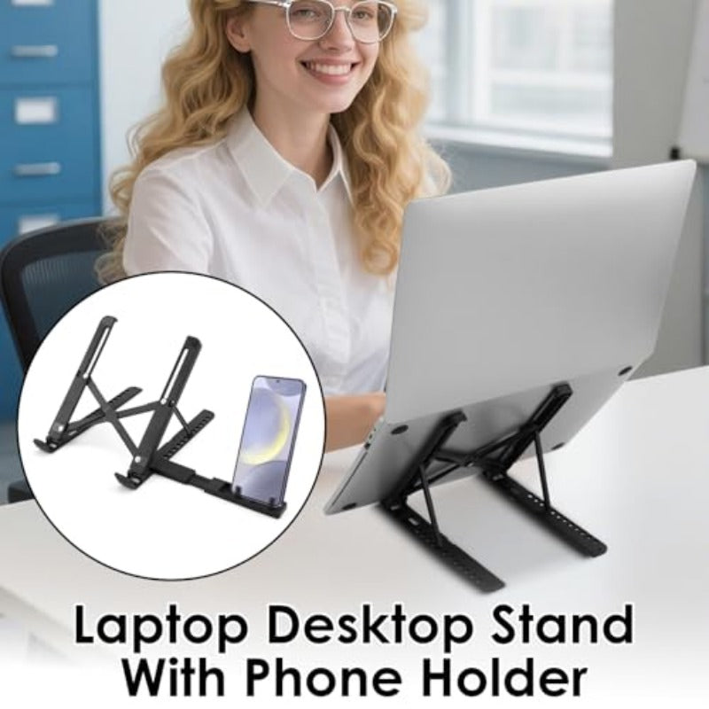 Adjustable Laptop Stand, Suitable for Desktop, 12-speed Height Adjustment, Portable Folding Heightening Rack, with Mobile Phone Stand and Keyboard Holder - Ventilation and Cooling System, Non-slip Pad, Tablet\u002F Laptop Stand, Suitable for Home, Office