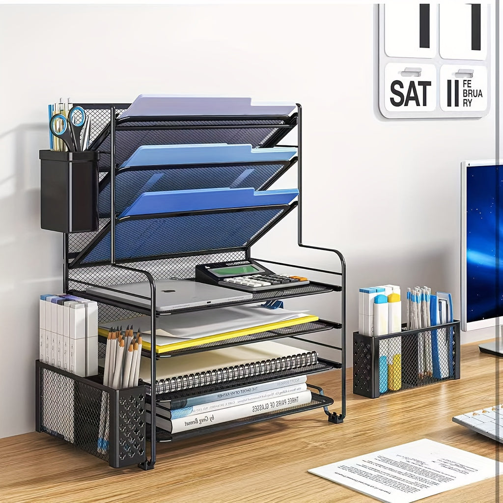 7-Tier Desk File Organizer, HOMEBETTER Document Rack, Letter Tray Paper Organizer with Pen Holder And Metal Hanging Basket