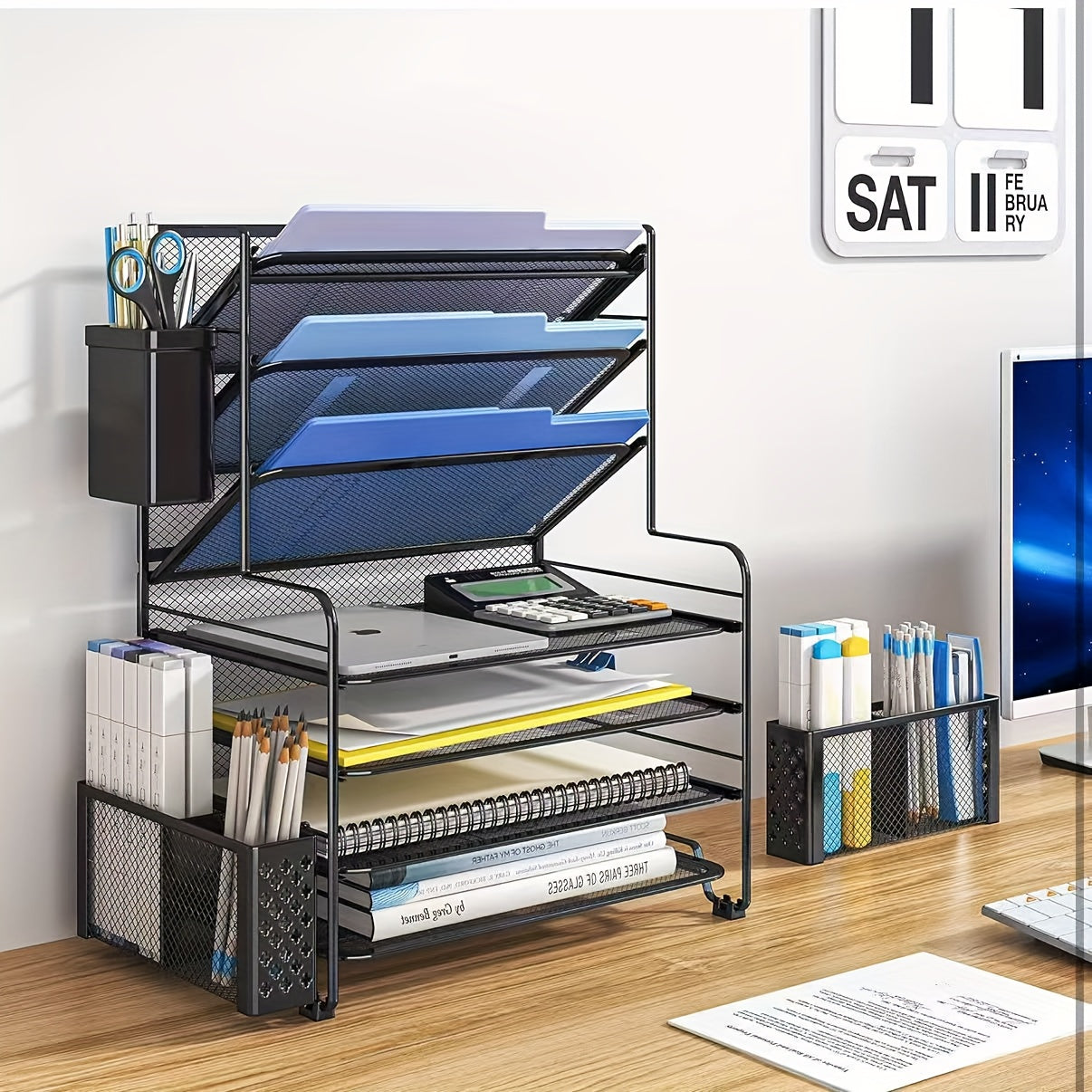 7-Tier Desk File Organizer, HOMEBETTER Document Rack, Letter Tray Paper Organizer with Pen Holder And Metal Hanging Basket