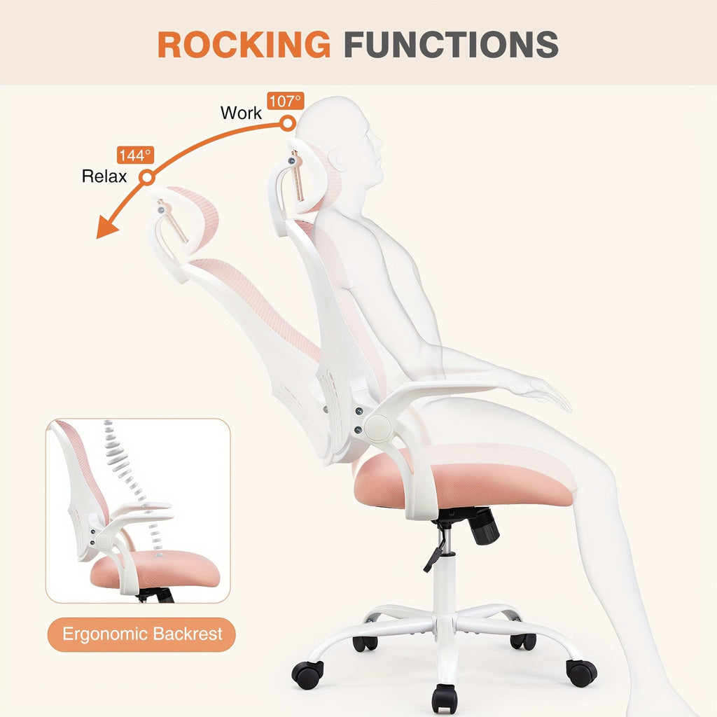 Ergonomic Office Desk Computer Chair, High Back Comfy Swivel Home Gaming Mesh Chairs With Wheels, Adjustable Headrest, Comfortable Lumbar Support, Flip-up Arms, 144° Tilt For Study